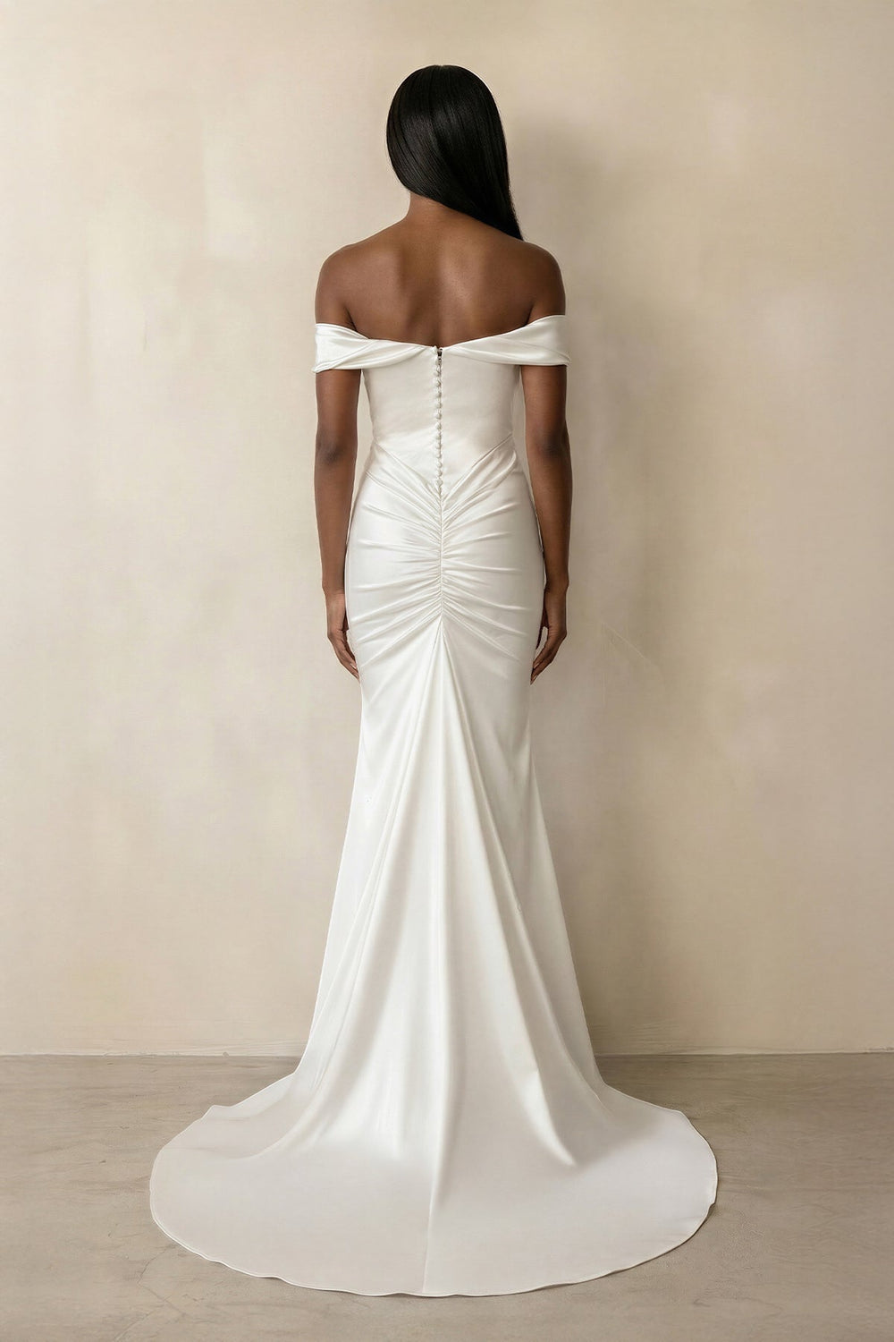 Ruched Off-the-Shoulder Satin Mermaid Wedding Dress in Ivory