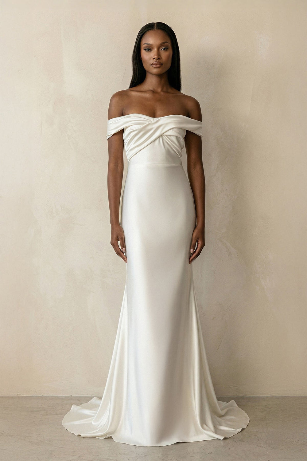 Ruched Off-the-Shoulder Satin Mermaid Wedding Dress in Ivory