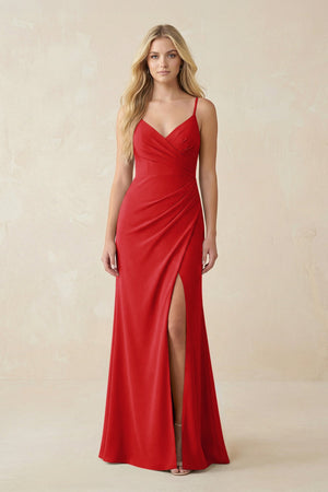 Ruched Sheath Spaghetti Strap Chiffon Bridesmaid Dress in Ruby Red - KISS BRIDAL BRIDESMAID DRESSES