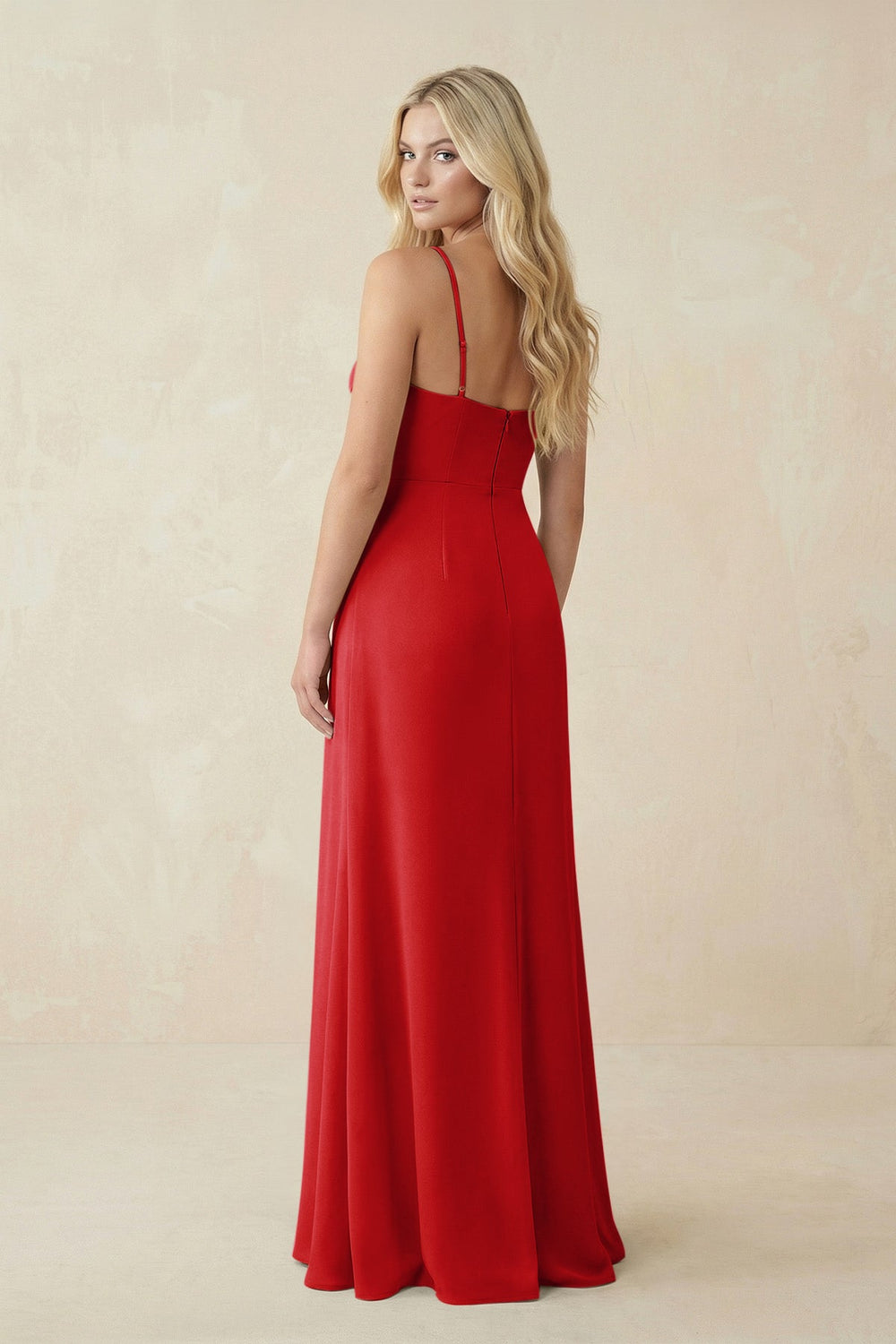 Ruched Sheath Spaghetti Strap Chiffon Bridesmaid Dress in Ruby Red