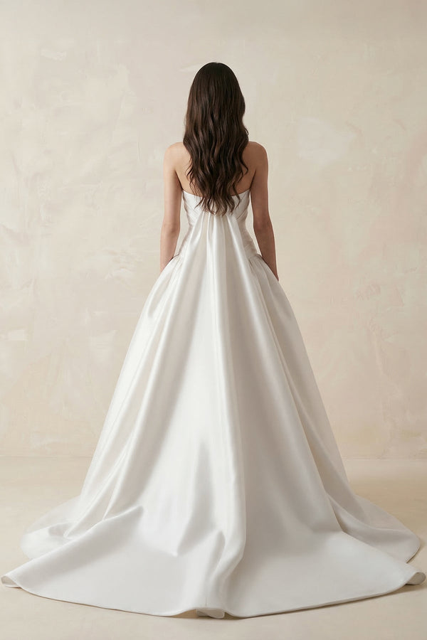 Ruched Satin Strapless Ball Gown Wedding Dress in White - KISS BRIDAL Wedding Dresses