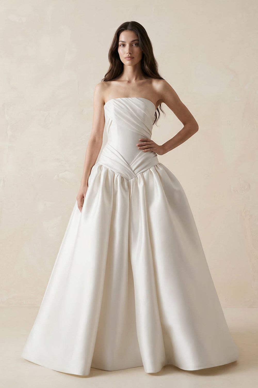 Ruched Satin Strapless Ball Gown Wedding Dress in White