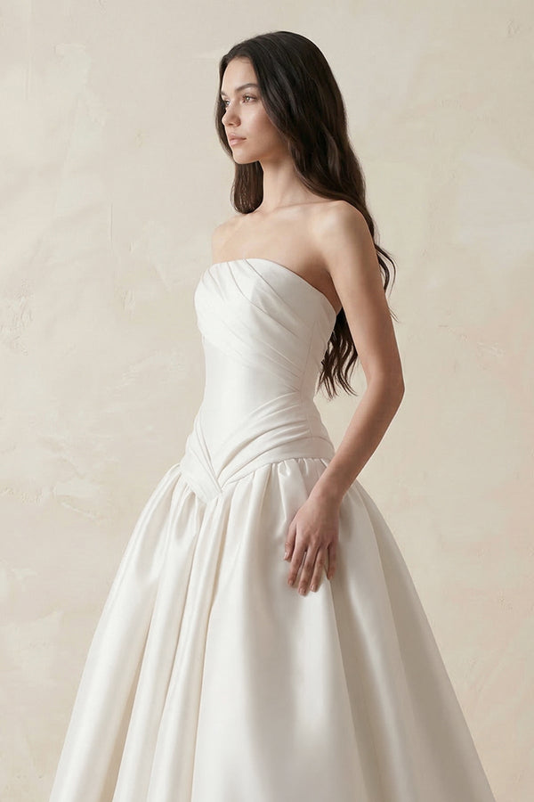 Ruched Satin Strapless Ball Gown Wedding Dress in White - KISS BRIDAL Wedding Dresses