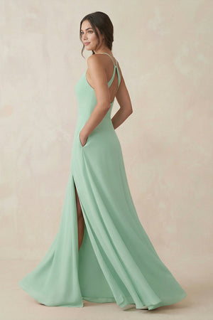 Ruched Sheath Chiffon Bridesmaid Dress in Pale Pistachio - KISS BRIDAL BRIDESMAID DRESSES
