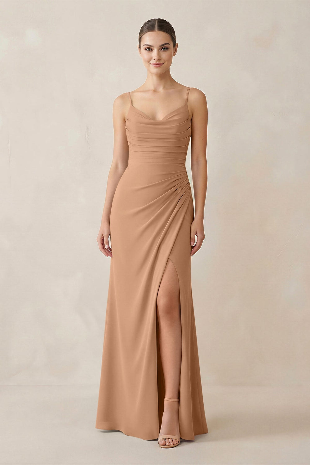 Ruched Sheath Spaghetti Strap Chiffon Bridesmaid Dress in Bronzer