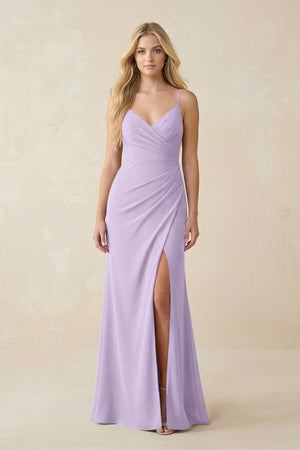 Ruched Sheath Spaghetti Strap Chiffon Bridesmaid Dress in Lavender - KISS BRIDAL BRIDESMAID DRESSES