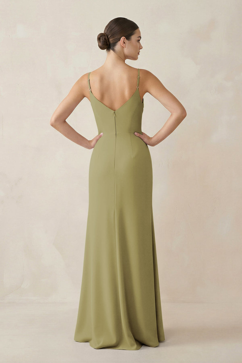 Ruched Sheath Spaghetti Strap Chiffon Bridesmaid Dress in Moss Green