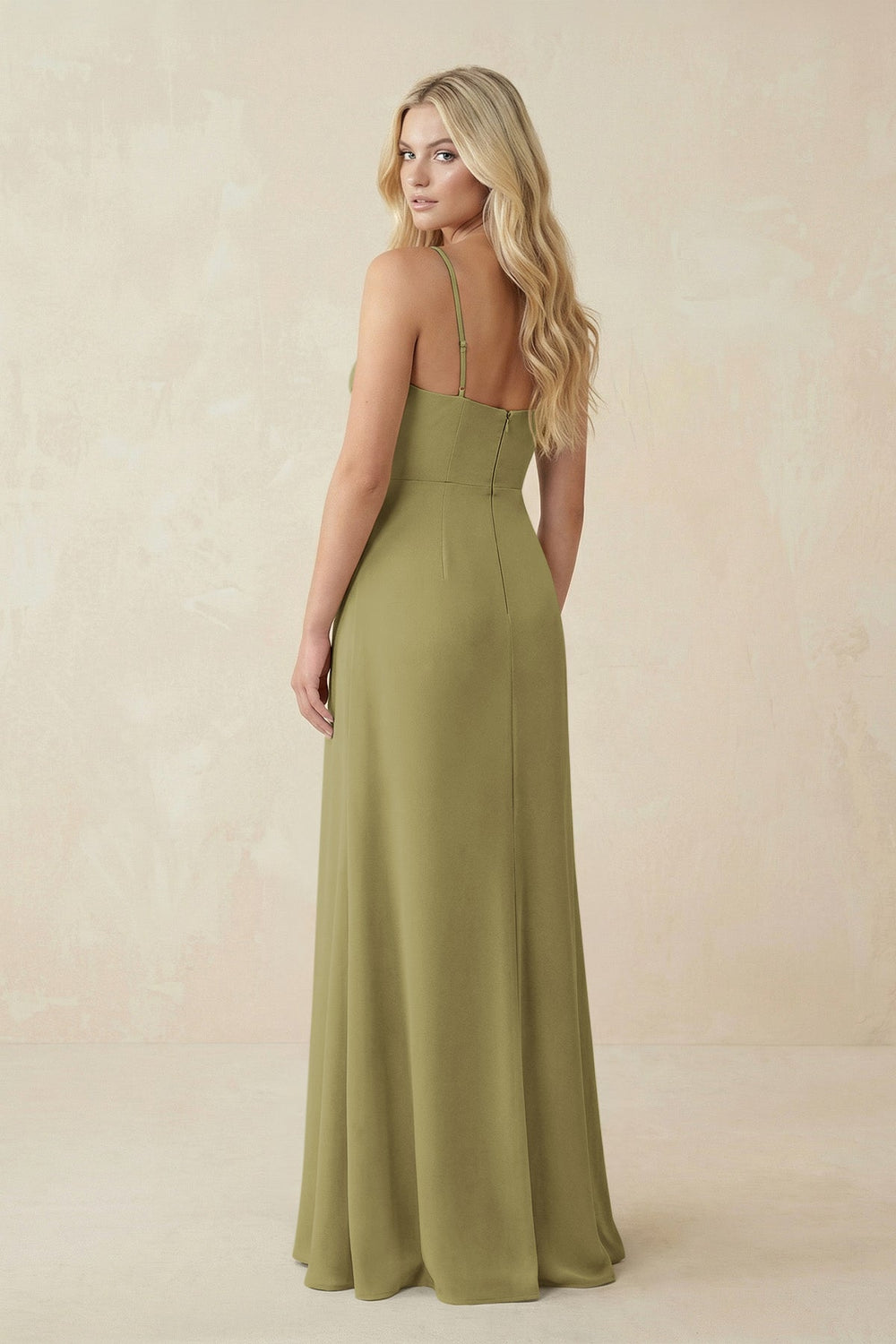 Ruched Sheath Spaghetti Strap Chiffon Bridesmaid Dress in Moss Green