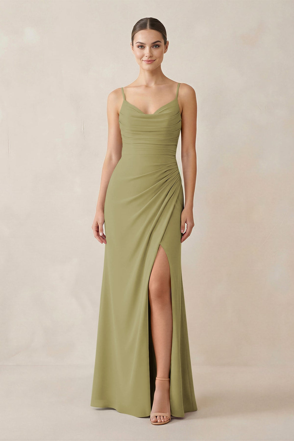 Ruched Sheath Spaghetti Strap Chiffon Bridesmaid Dress in Moss Green