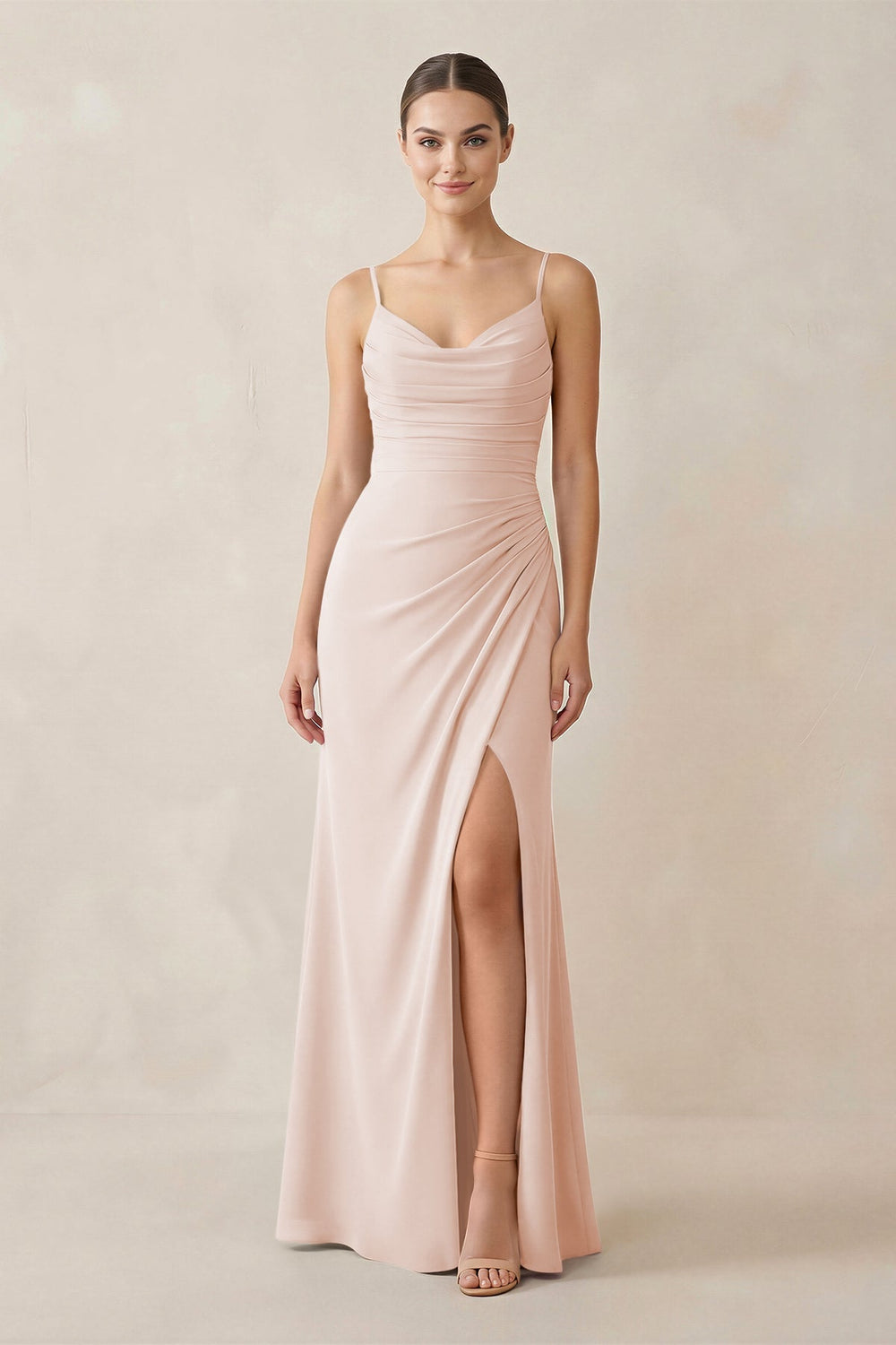 Ruched Sheath Spaghetti Strap Chiffon Bridesmaid Dress in Pale Blush
