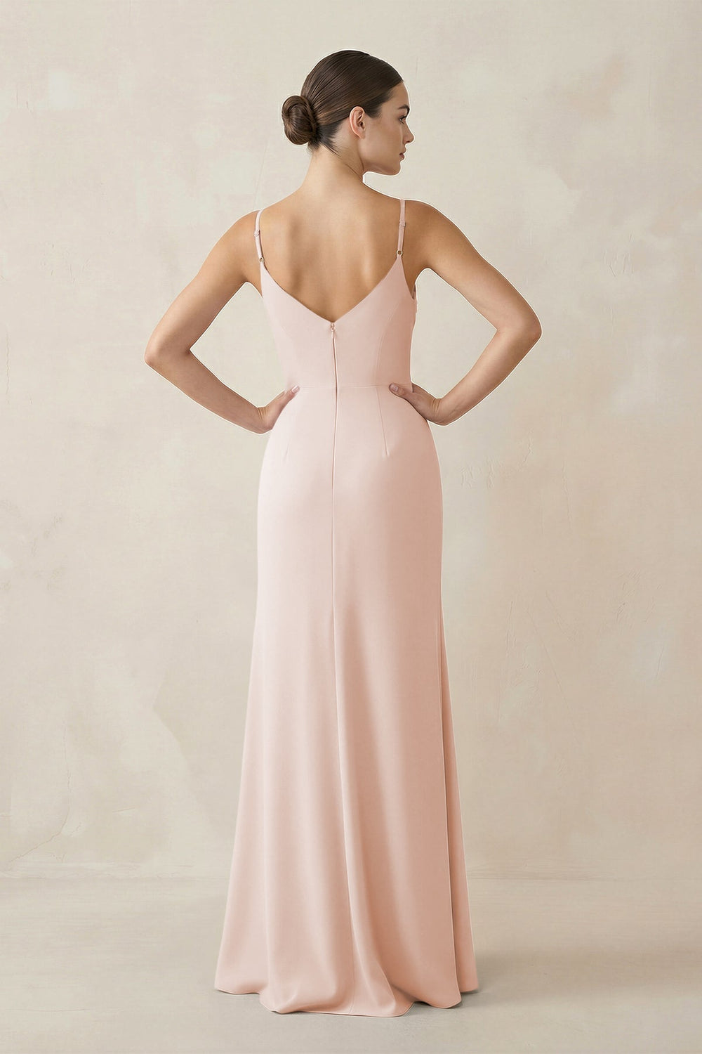 Ruched Sheath Spaghetti Strap Chiffon Bridesmaid Dress in Pale Blush