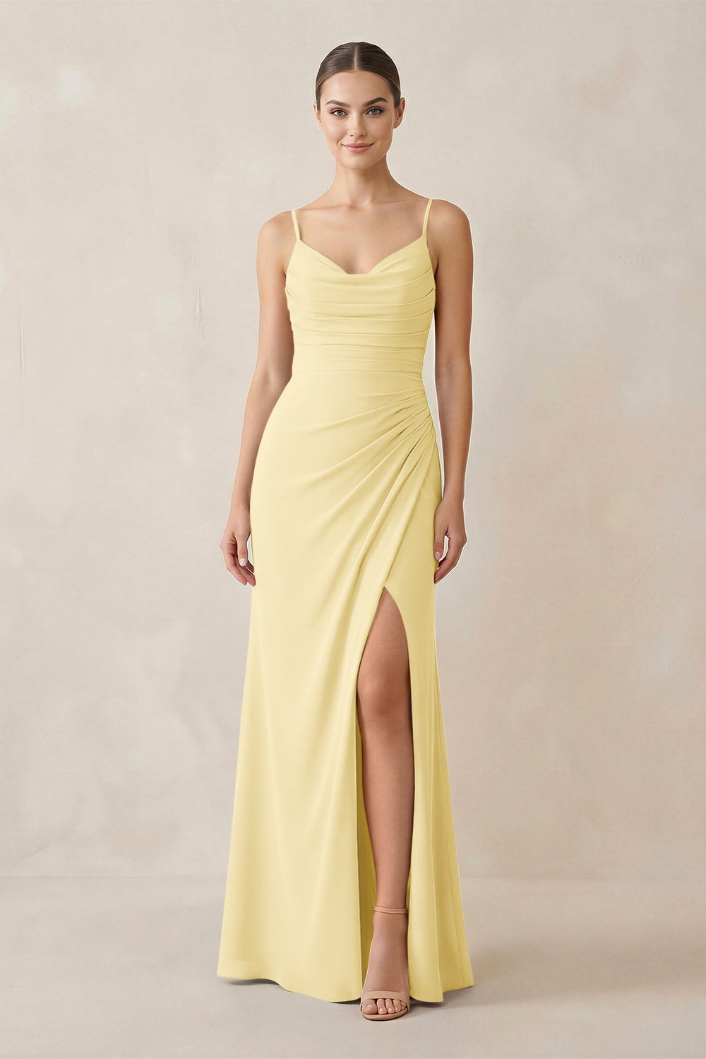 Ruched Sheath Spaghetti Strap Chiffon Bridesmaid Dress in Pastel Yellow