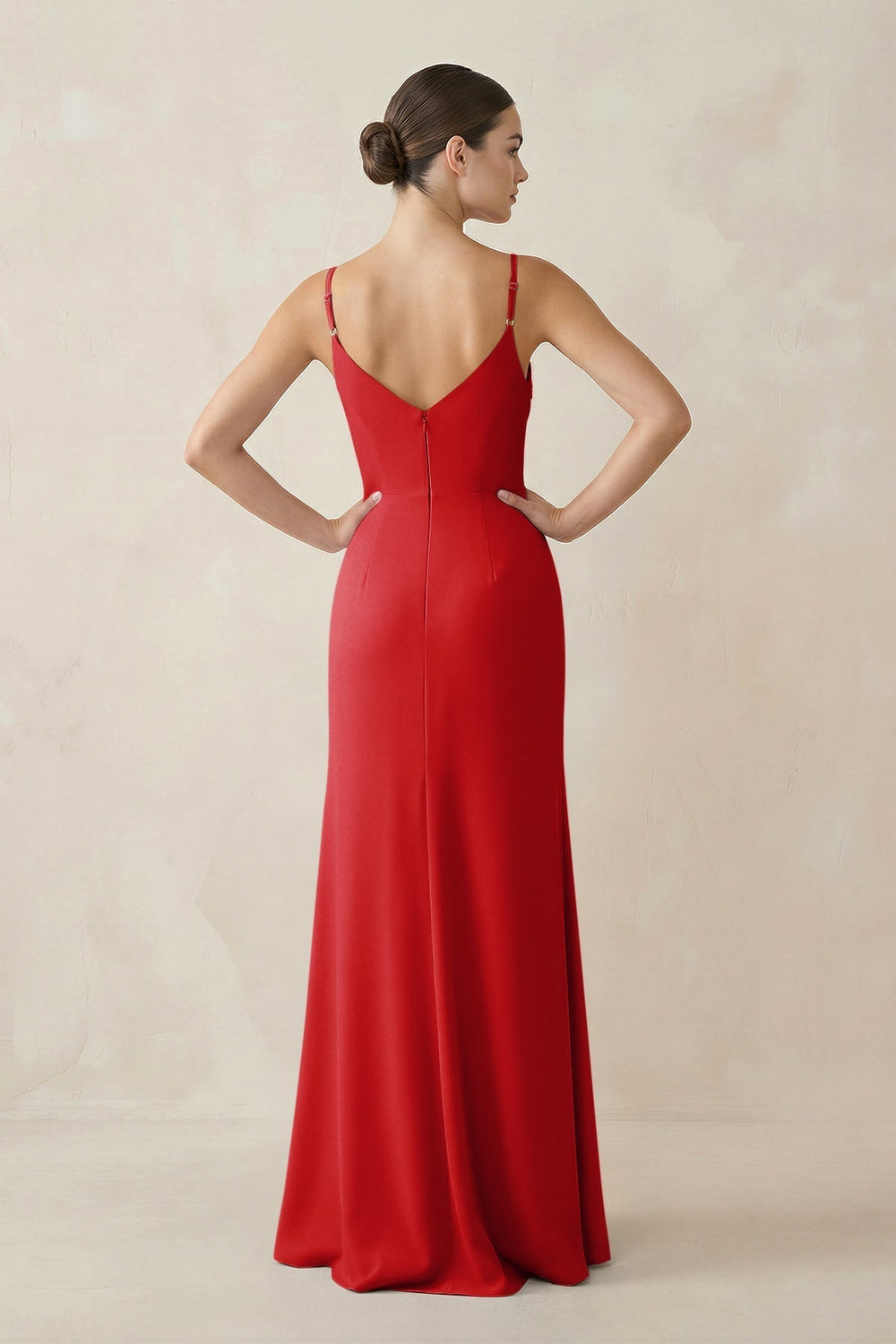 Ruched Sheath Spaghetti Strap Chiffon Bridesmaid Dress in Ruby Red
