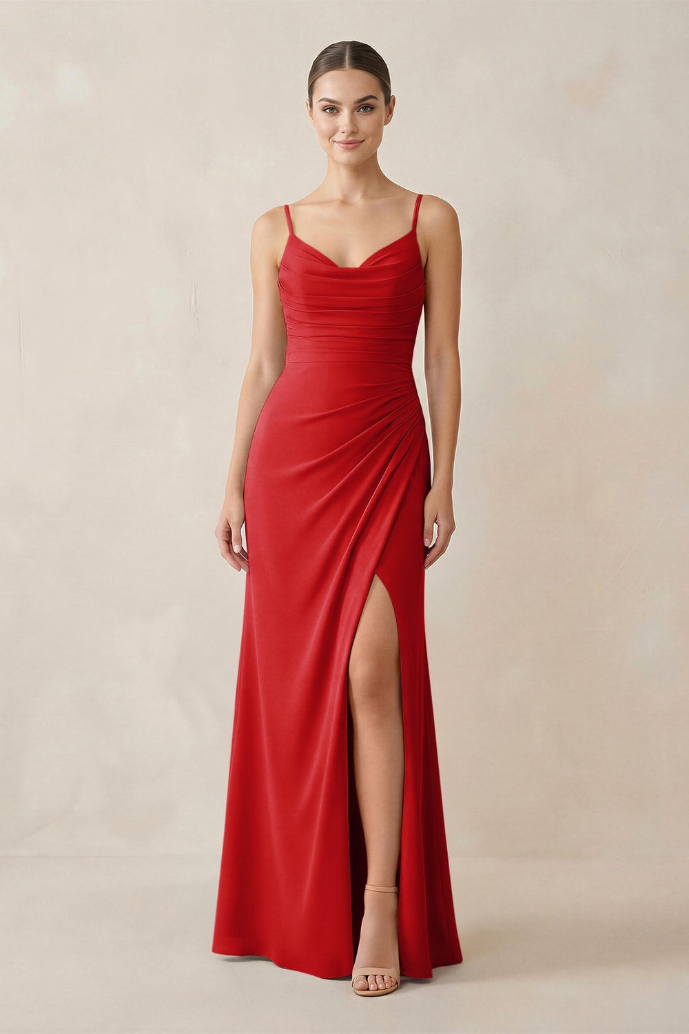 Ruched Sheath Spaghetti Strap Chiffon Bridesmaid Dress in Ruby Red