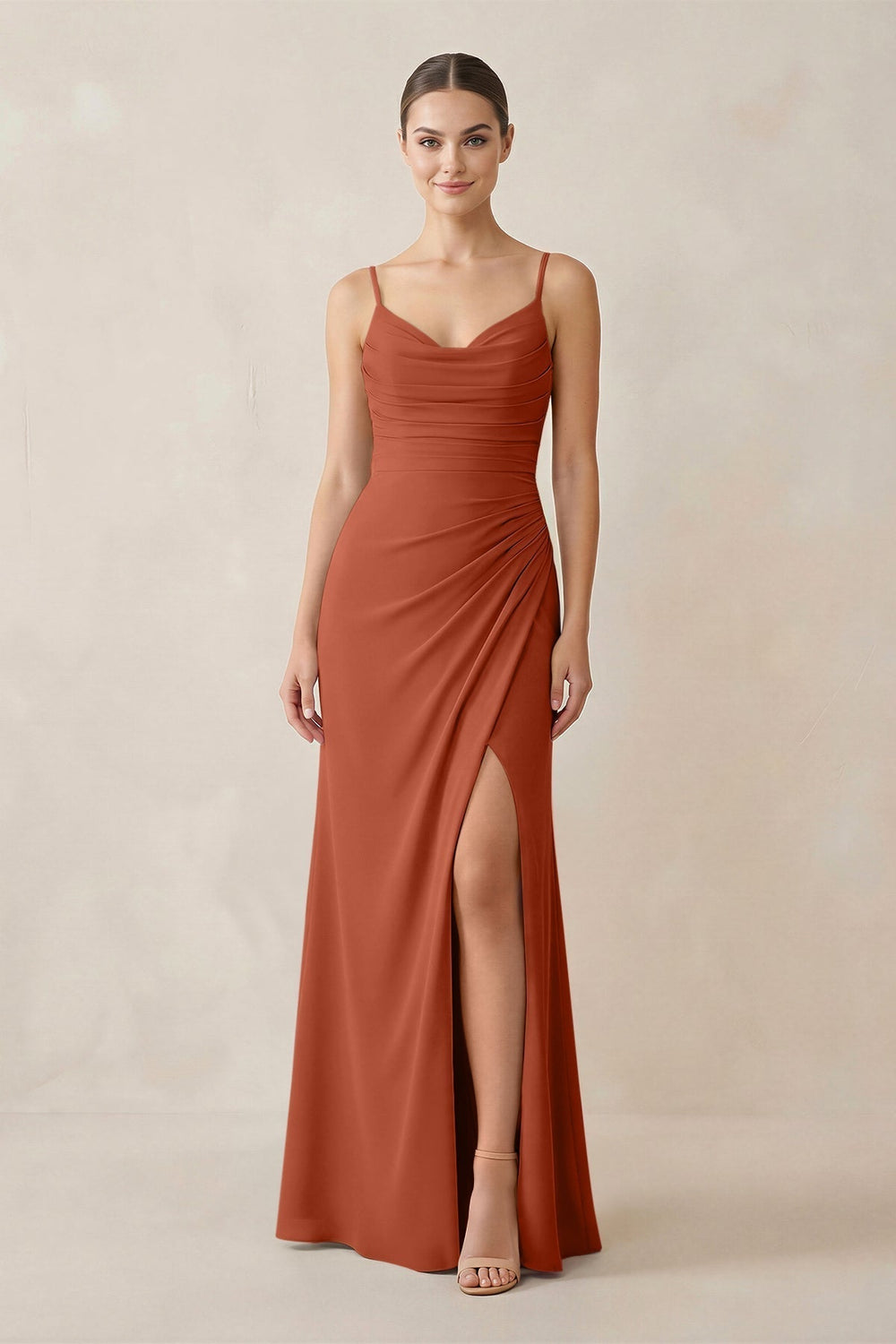 Ruched Sheath Spaghetti Strap Chiffon Bridesmaid Dress in Spice