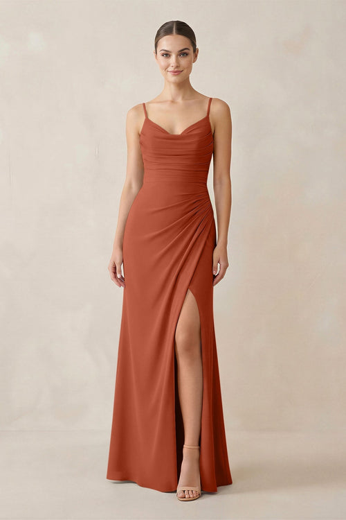 Ruched Sheath Spaghetti Strap Chiffon Bridesmaid Dress in Spice - KISS BRIDAL Bridesmaid Dresses