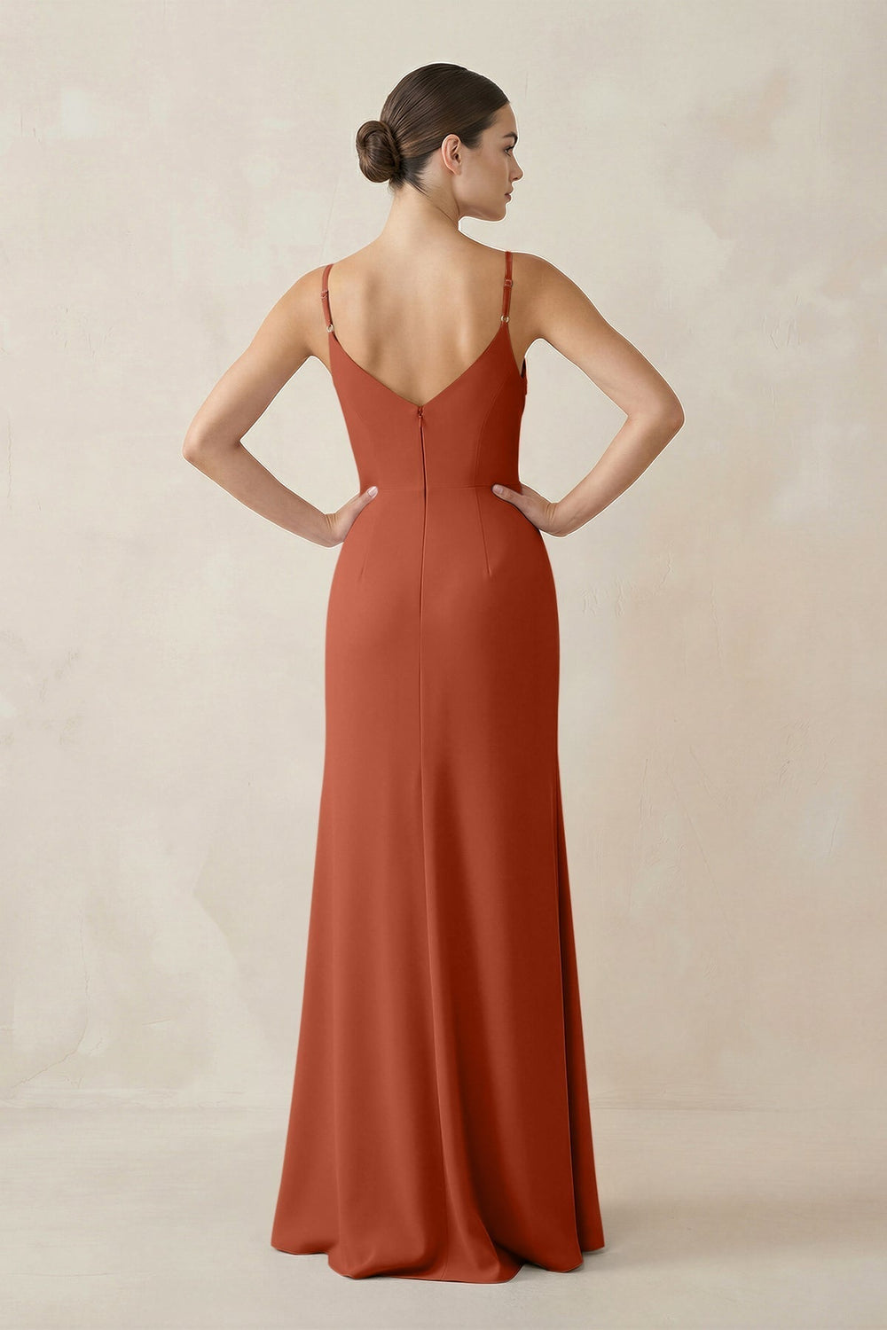 Ruched Sheath Spaghetti Strap Chiffon Bridesmaid Dress in Spice