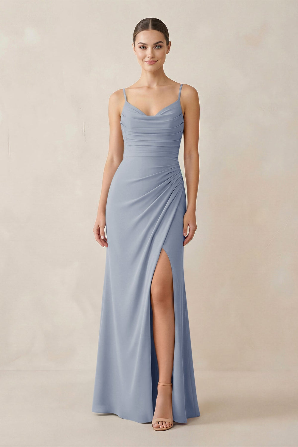 Ruched Sheath Spaghetti Strap Chiffon Bridesmaid Dress in Twilight