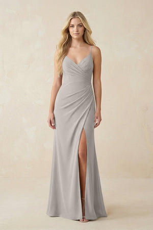 Ruched Sheath Spaghetti Strap Chiffon Bridesmaid Dress in Silver - KISS BRIDAL BRIDESMAID DRESSES