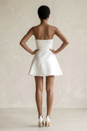 Ruched Strapless Satin Mini Wedding Dress in White - KISS BRIDAL Wedding Dresses