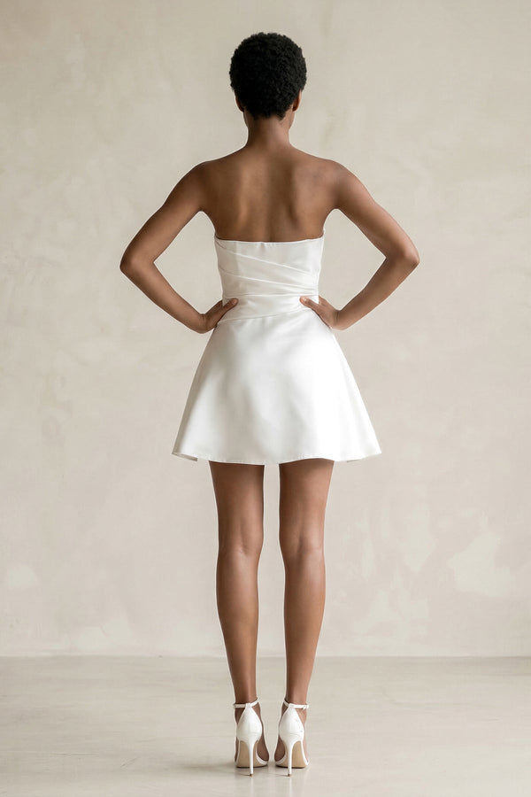 Ruched Strapless Satin Mini Wedding Dress in White - KISS BRIDAL Wedding Dresses
