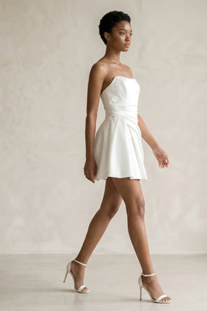 Ruched Strapless Satin Mini Wedding Dress in White - KISS BRIDAL Wedding Dresses