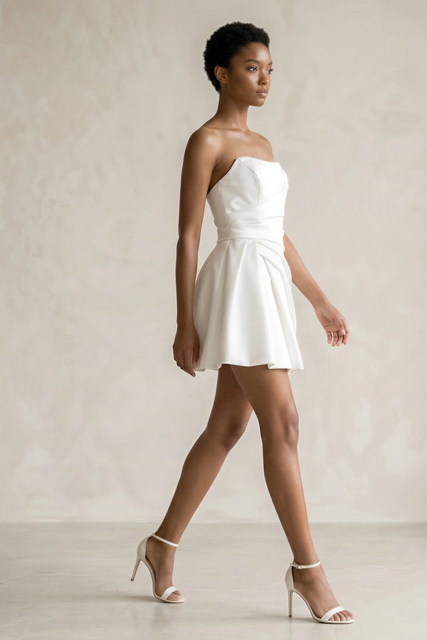Ruched Strapless Satin Mini Wedding Dress in White - KISS BRIDAL Wedding Dresses