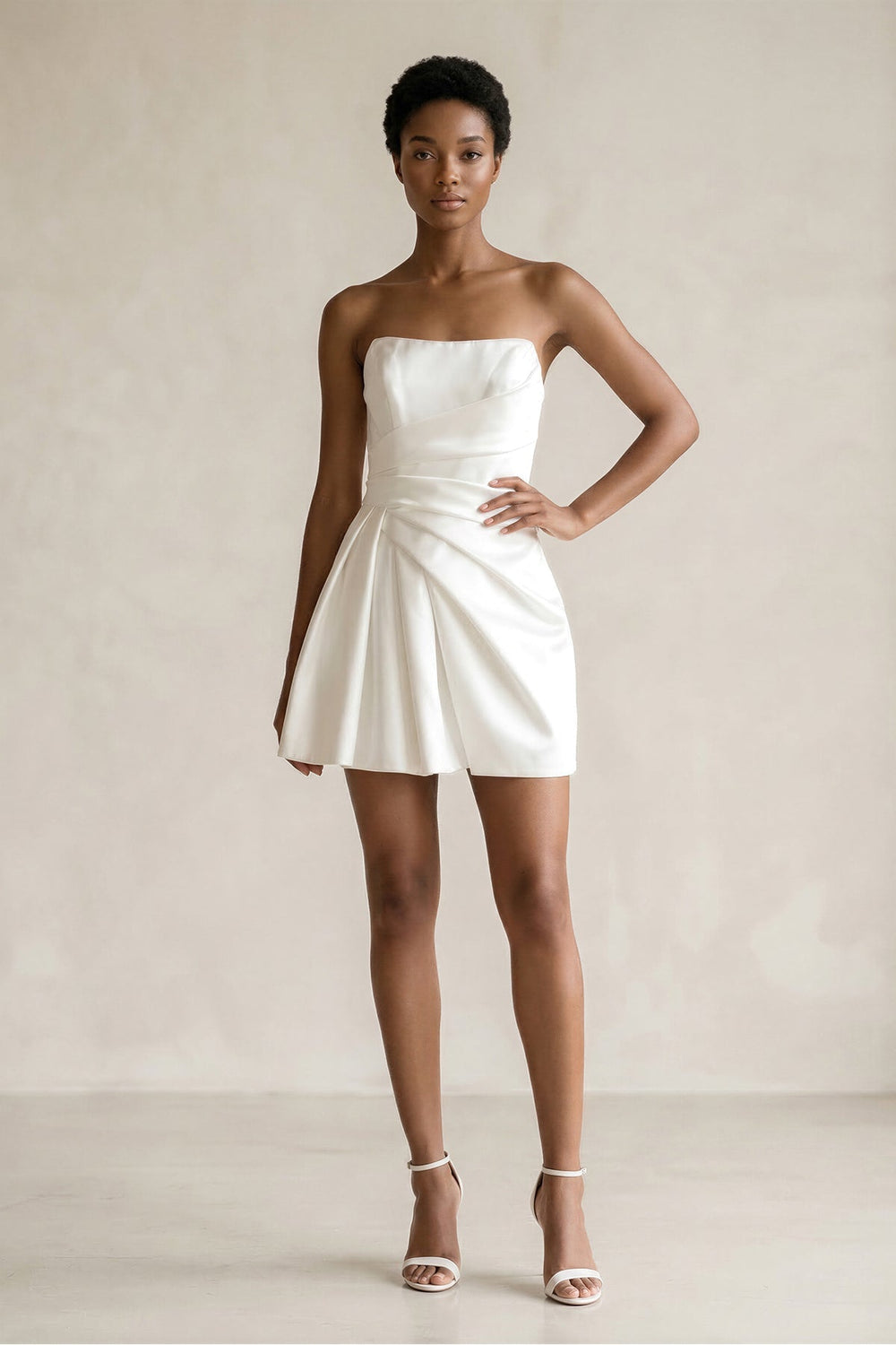 Ruched Strapless Satin Mini Wedding Dress in White