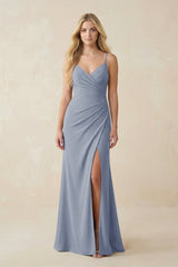 Ruched Sheath Spaghetti Strap Chiffon Bridesmaid Dress in Twilight - KISS BRIDAL BRIDESMAID DRESSES