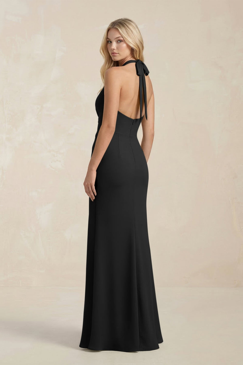 Ruched V-Neck Sheath Bridesmaid Dress With Bow in Black