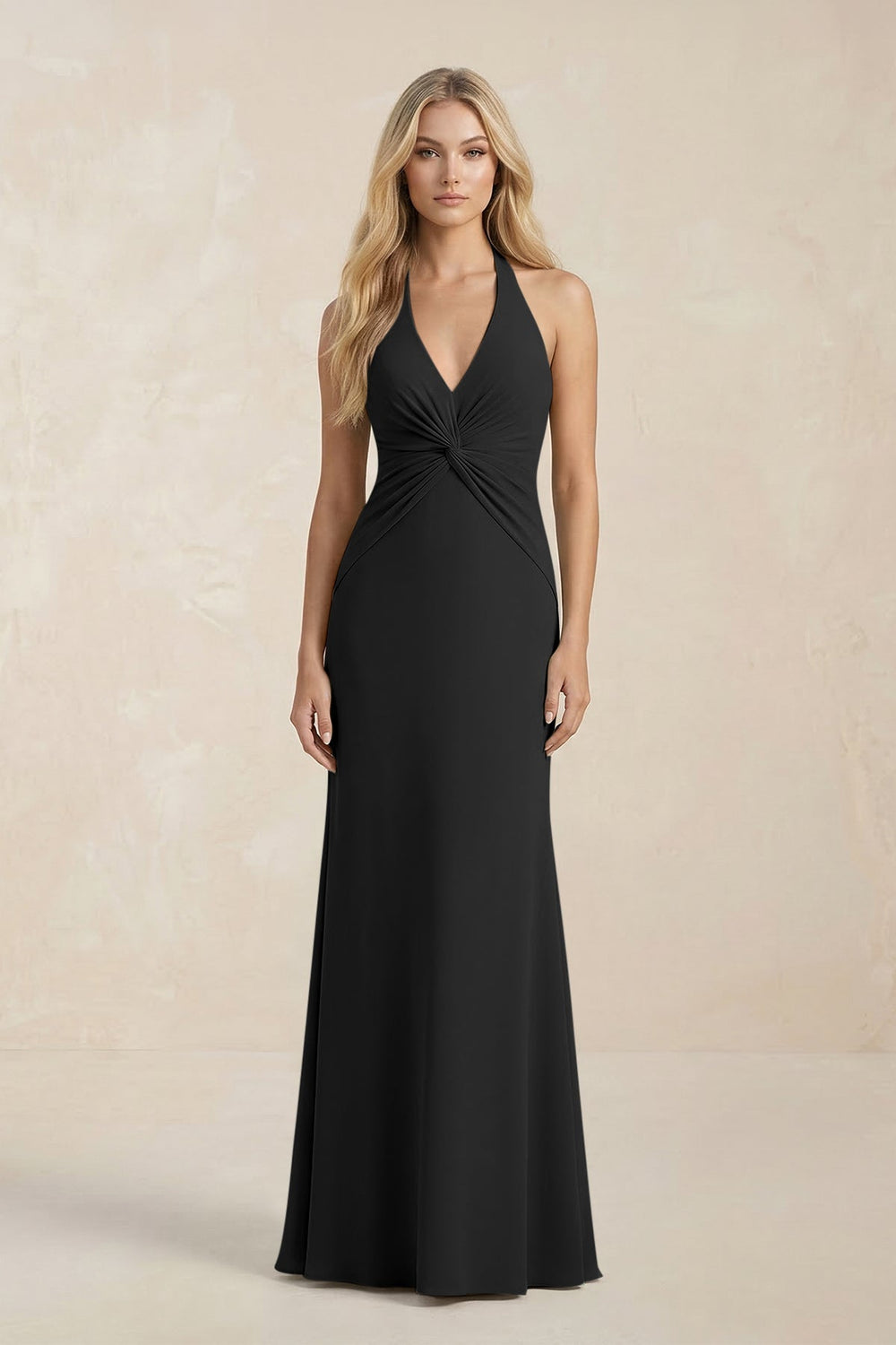 Ruched V-Neck Sheath Bridesmaid Dress With Bow in Black