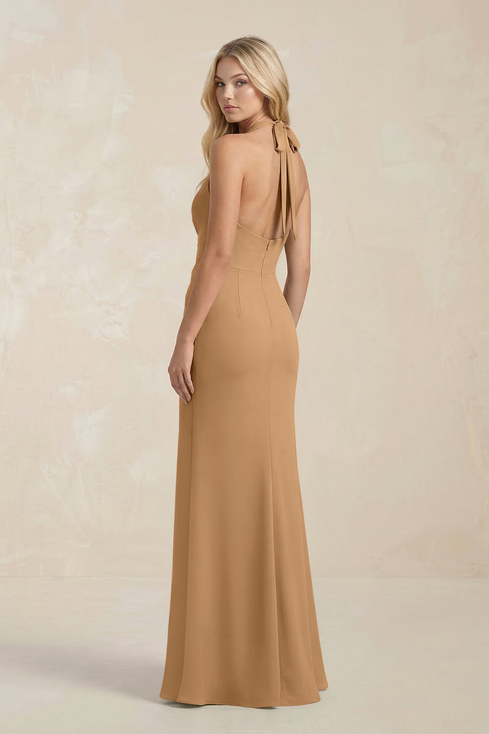 Ruched V-Neck Sheath Bridesmaid Dress With Bow in Bronzer