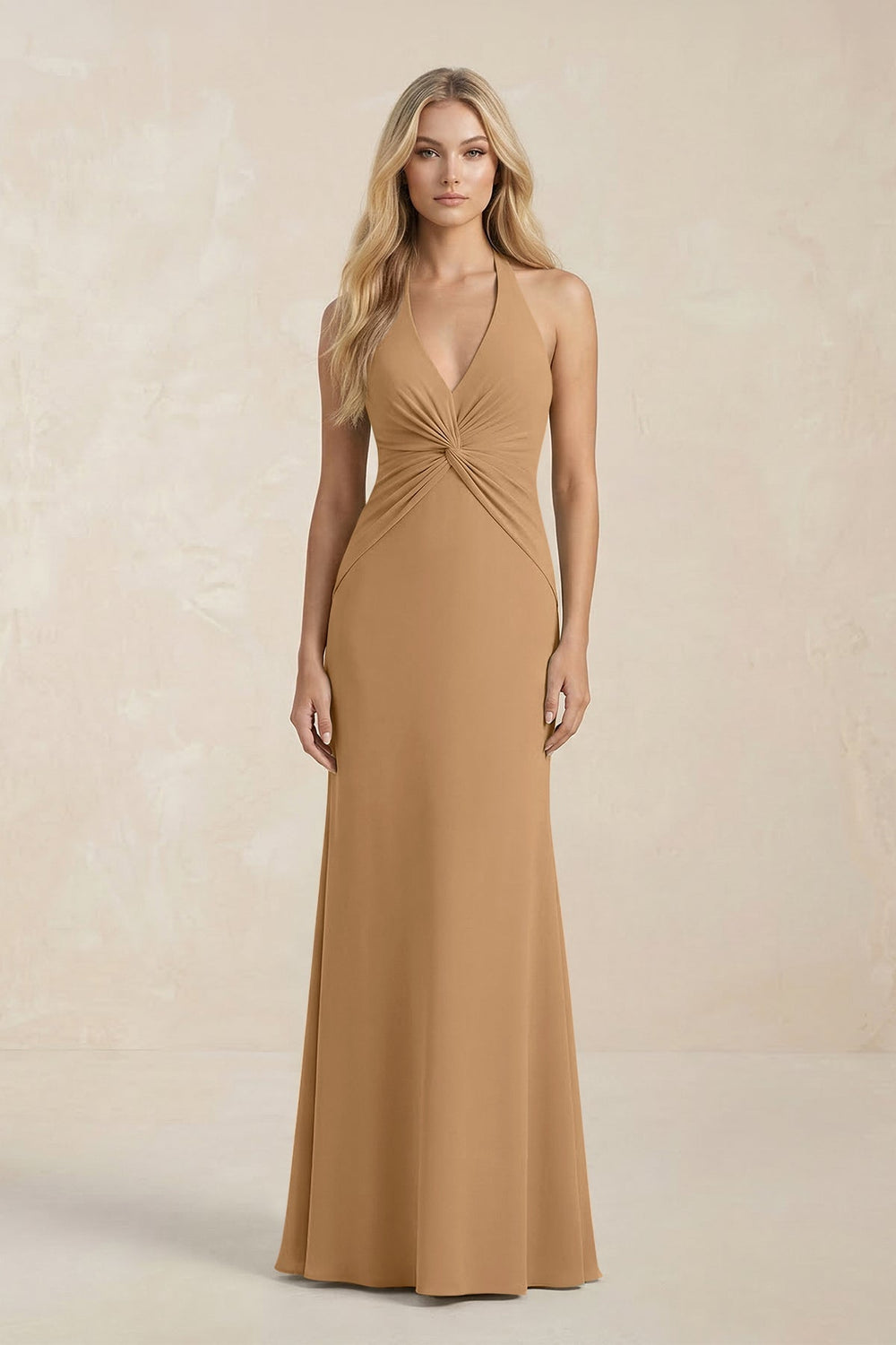 Ruched V-Neck Sheath Bridesmaid Dress With Bow in Bronzer