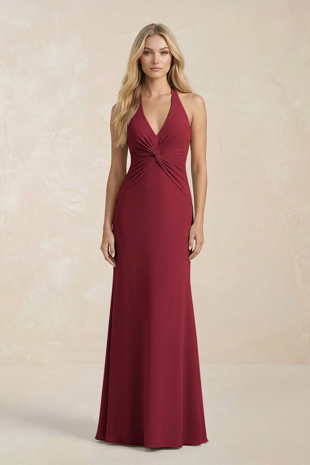 Ruched V-Neck Sheath Bridesmaid Dress With Bow in Burgundy