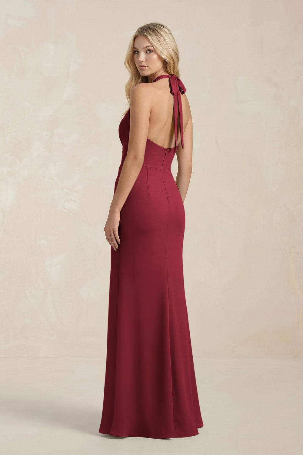 Ruched V-Neck Sheath Bridesmaid Dress With Bow in Burgundy