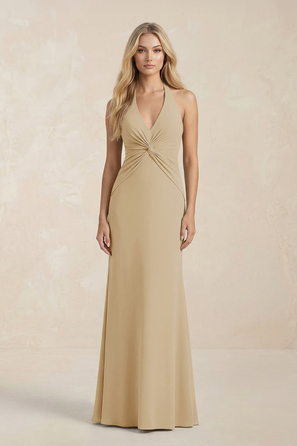 Ruched V-Neck Sheath Bridesmaid Dress With Bow in Champagne