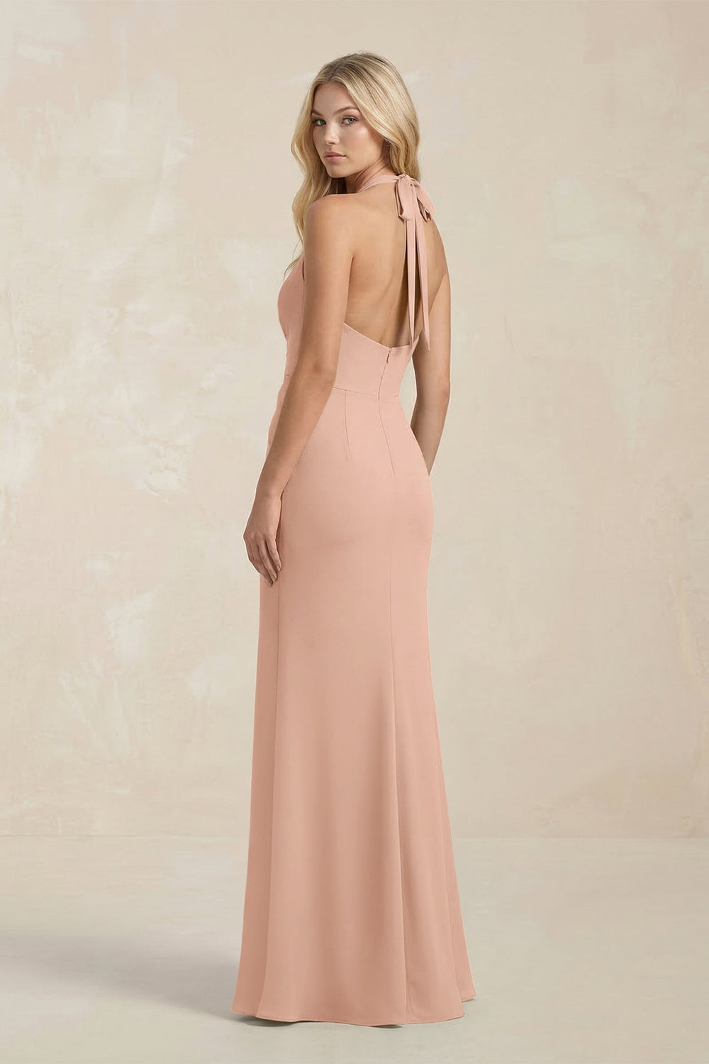 Ruched V-Neck Sheath Bridesmaid Dress With Bow in Champagne Rose