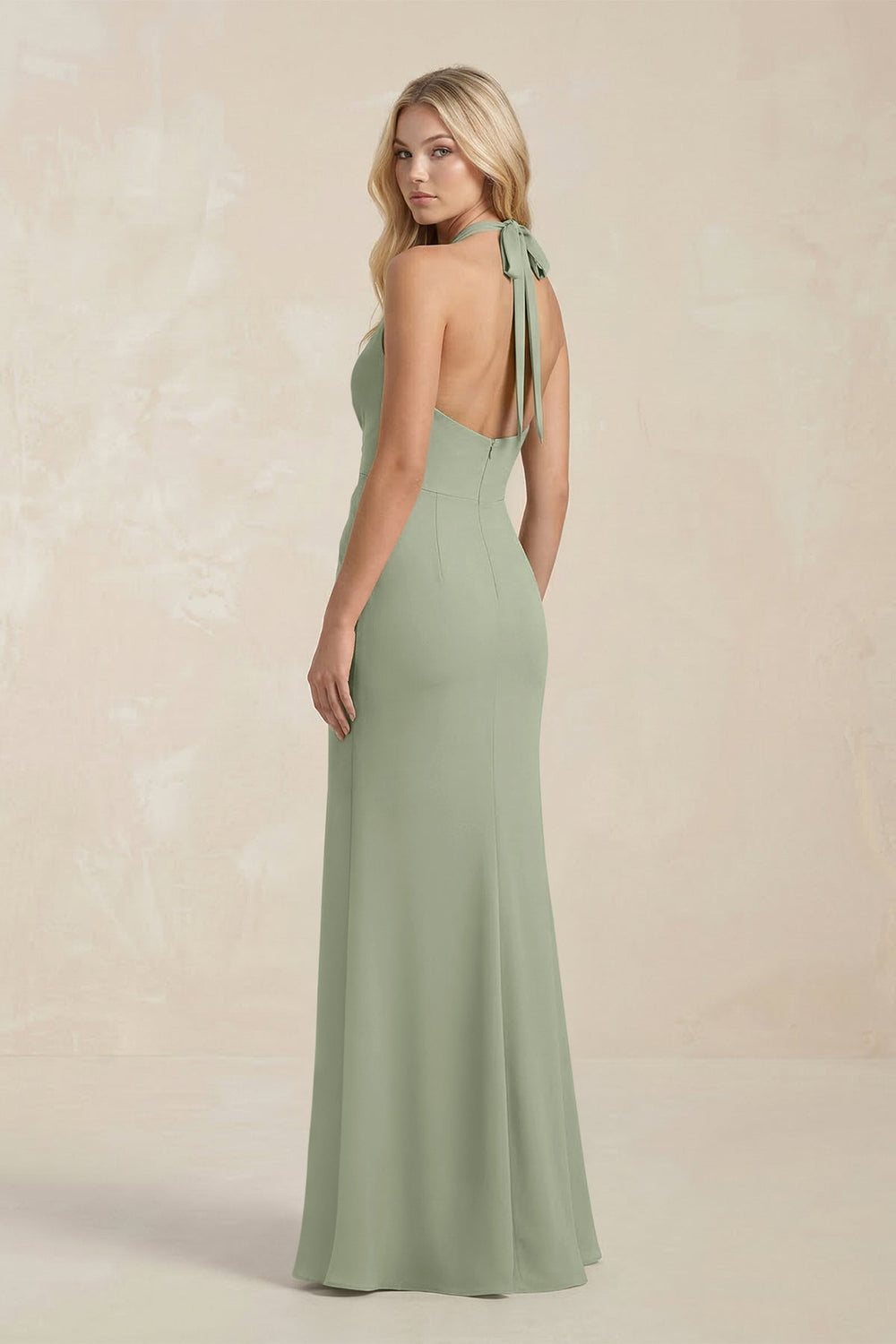 Ruched V-Neck Sheath Bridesmaid Dress With Bow in Dove Gray