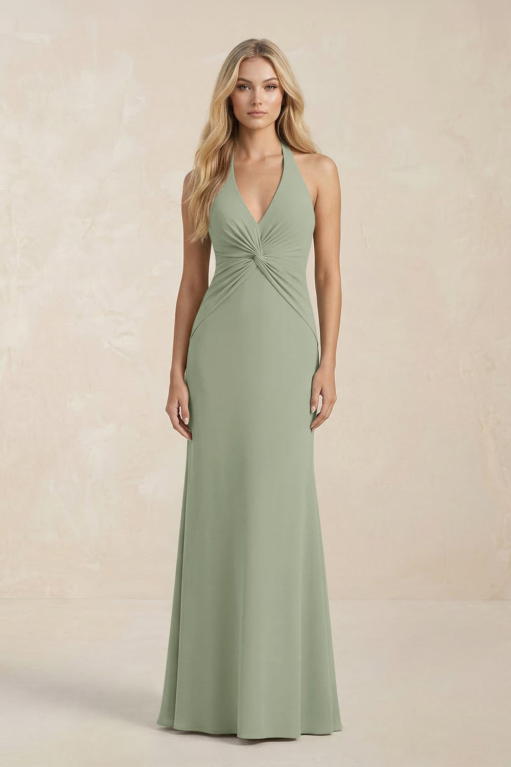 Ruched V-Neck Sheath Bridesmaid Dress With Bow in Dove Gray