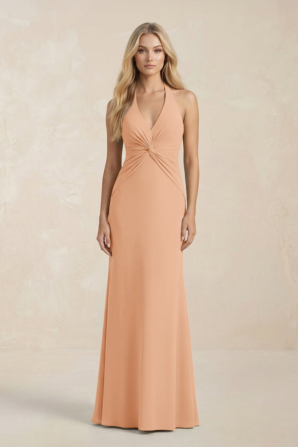 Ruched V-Neck Sheath Bridesmaid Dress With Bow in Golden Champagne