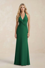 Ruched V - Neck Sheath Bridesmaid Dress With Bow in Green - KISS BRIDAL Bridesmaid Dresses
