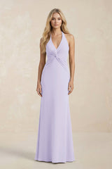 Ruched V - Neck Sheath Bridesmaid Dress With Bow in Lavender - KISS BRIDAL Bridesmaid Dresses