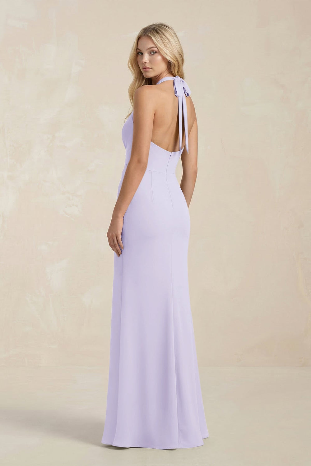 Ruched V-Neck Sheath Bridesmaid Dress With Bow in Lavender