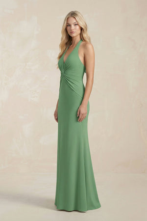 Ruched V - Neck Sheath Bridesmaid Dress With Bow in Matcha - KISS BRIDAL Bridesmaid Dresses