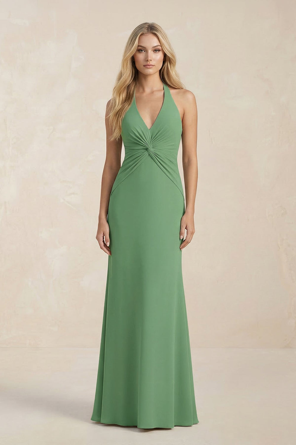 Ruched V-Neck Sheath Bridesmaid Dress With Bow in Matcha