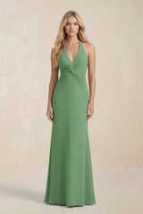 Ruched V - Neck Sheath Bridesmaid Dress With Bow in Matcha - KISS BRIDAL Bridesmaid Dresses