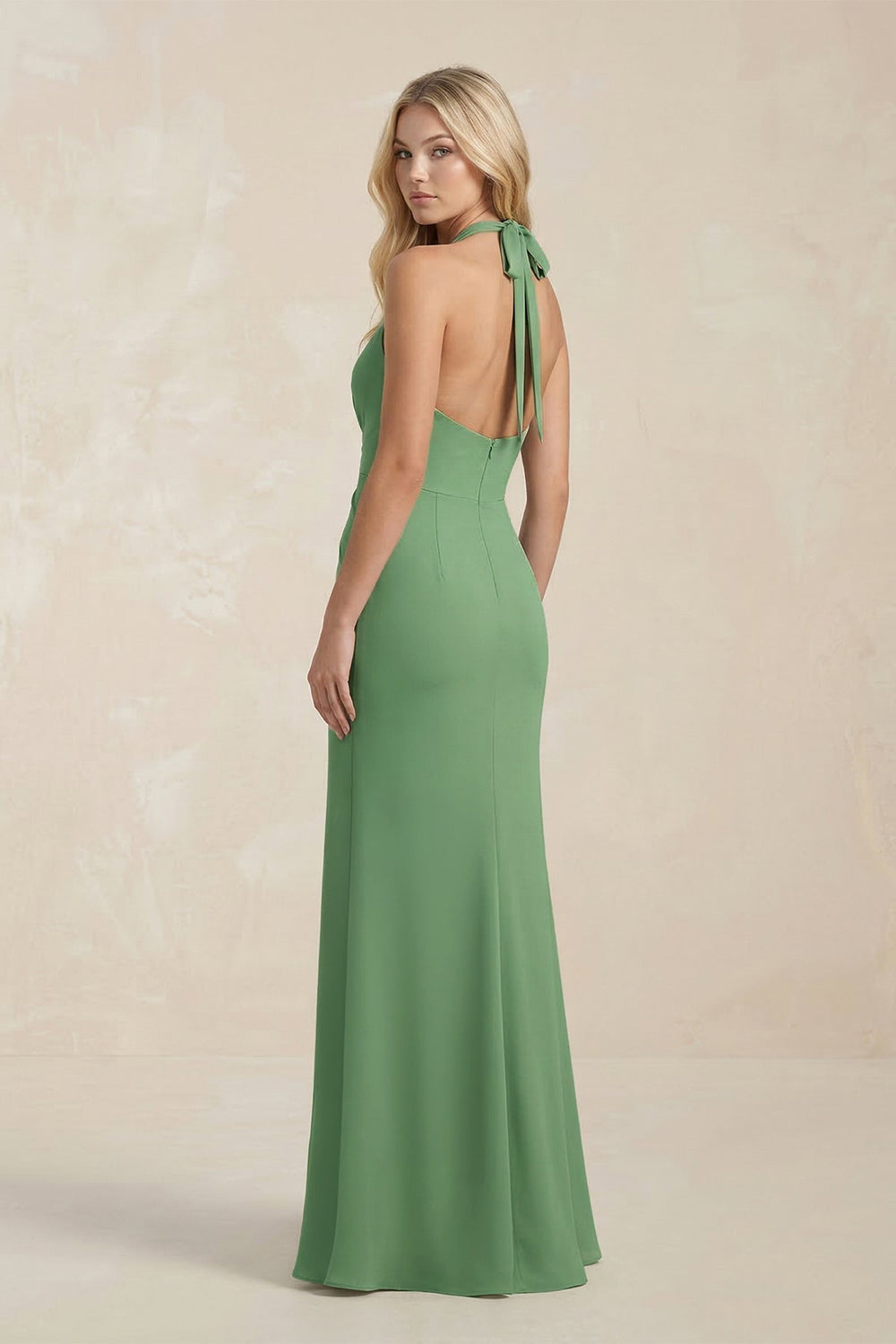 Ruched V-Neck Sheath Bridesmaid Dress With Bow in Matcha
