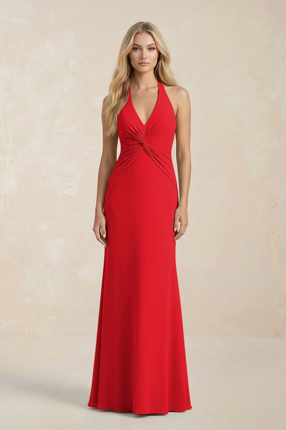 Ruched V-Neck Sheath Bridesmaid Dress With Bow in Ruby Red