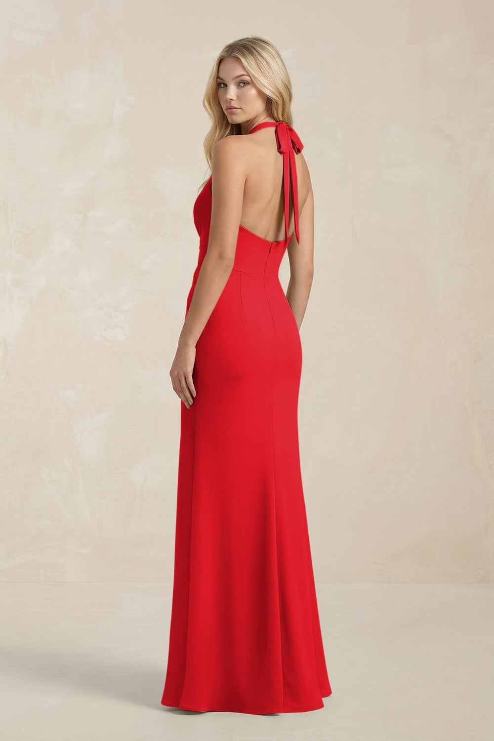 Ruched V-Neck Sheath Bridesmaid Dress With Bow in Ruby Red