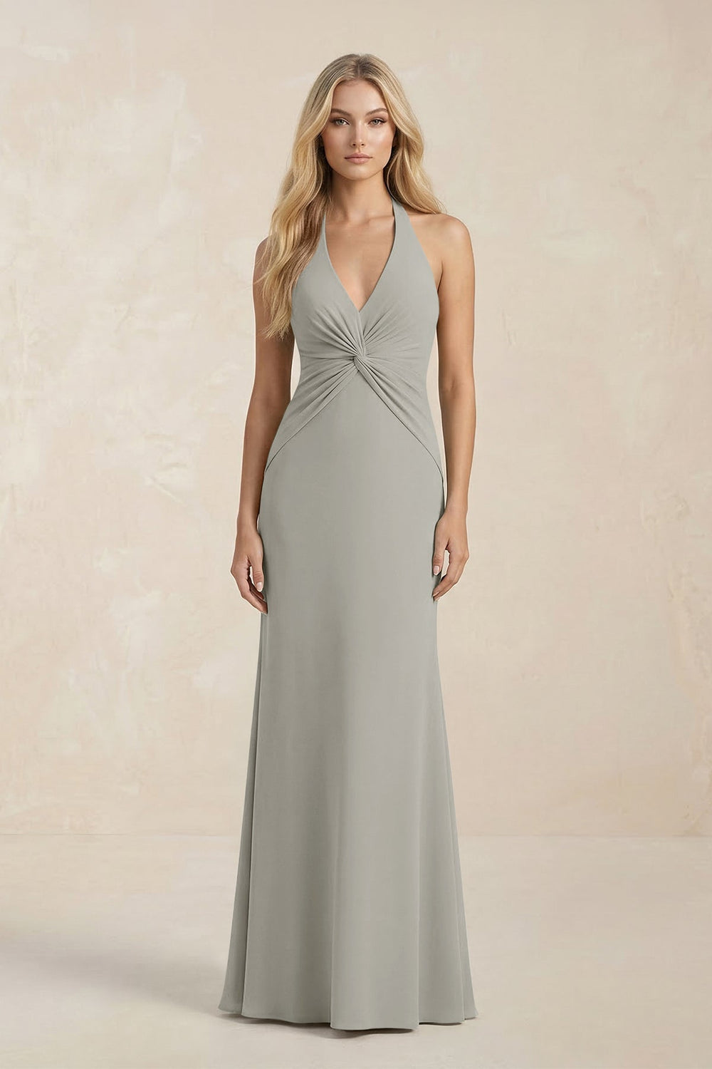 Ruched V-Neck Sheath Bridesmaid Dress With Bow in Silver
